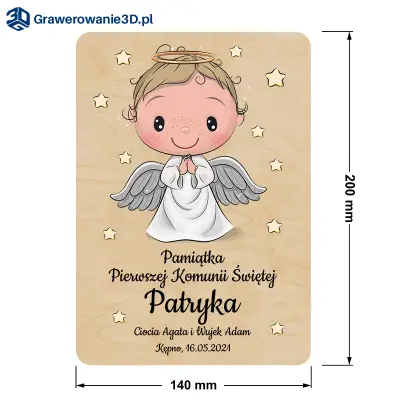 drewniana kartka z życzeniami komunijnymi