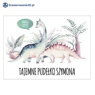 pudełko z nadrukiem dinozaurów i imieniem chłopca