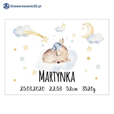 pudełko z nadrukiem śpiącej sarenki imię dziewczynki i metryka urodzenia