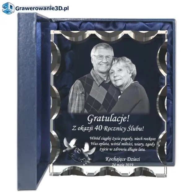 40 rocznica ślubu grawerowany kryształ, zdjęcie w szkle