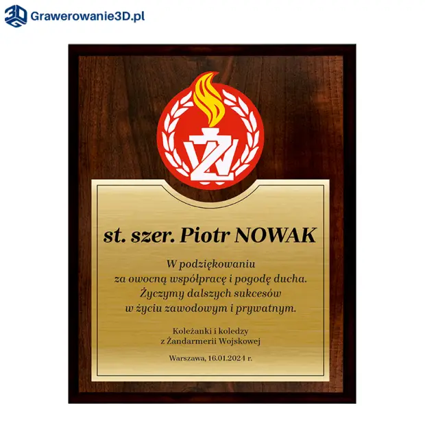 Grawerowany dyplom z personalizacją dla żołnierza Żandarmerii