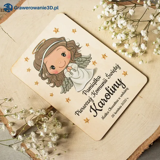 Drewniana kartka na pamiątkę komunii