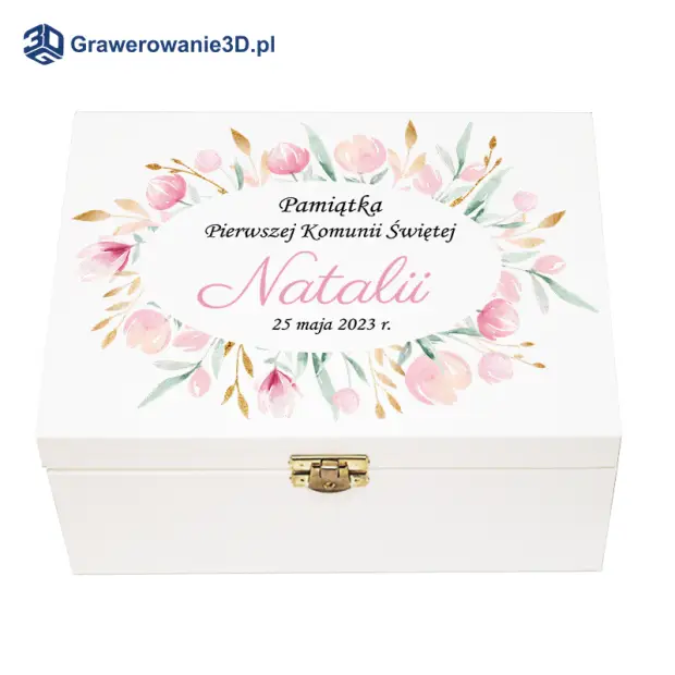 Drewniane pudełko z nadrukiem na Komunię