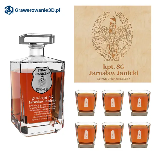 Grawerowana karafka i szklanki do whisky z logo Straży granicznej
