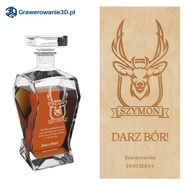 Personalizowana karafka w drewnianej skrzynce dla myśliwego