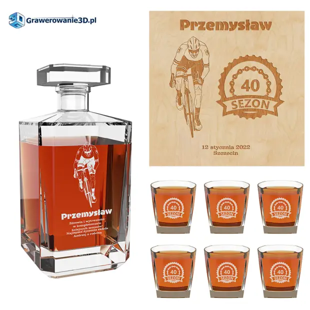 Zestaw karafka i szklanki grawerowane dla rowerzysty