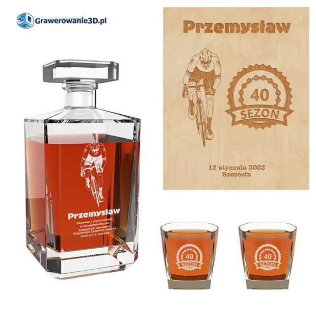 Zestaw karafka i szklanki grawerowany dla kolarza