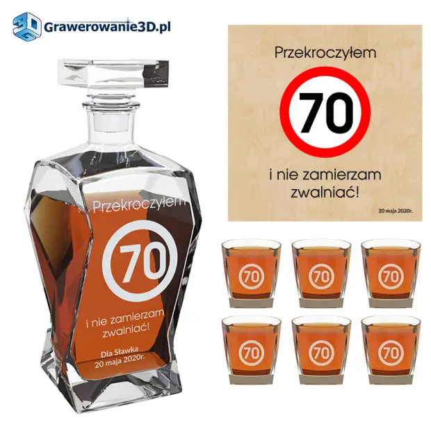 Personalizowana karafka z grawerem i szklankami w pudełku na 70 urodziny