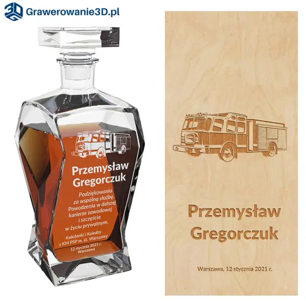 grawerowana karafka wóz strażacki