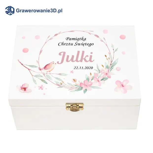 na pamiątkę chrztu świętego dla dziecka drewniane pudełko z nadrukiem
