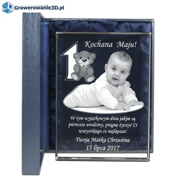 Pamiątka na roczek grawerowane zdjęcie w szkle, zdjecie grawer w krysztale