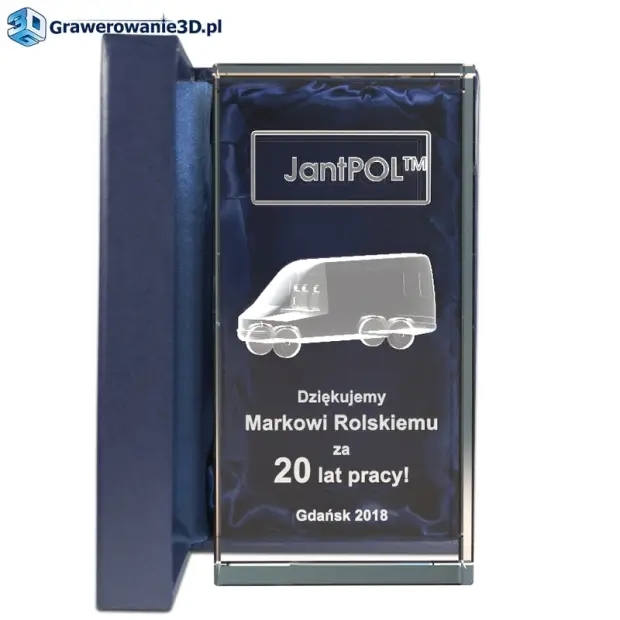 podziękowania dla pracownika w formie szklanej statuetki z grawerem wewnątrz, bus 3d, samochód 3d