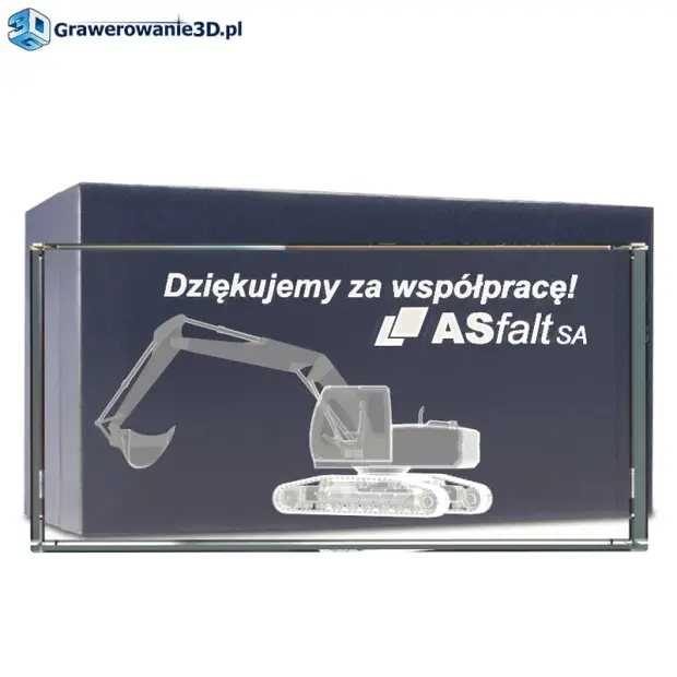 Podziękowania za współpracę w formie kryształowej statuetki z grawerem 3d koparka 3d