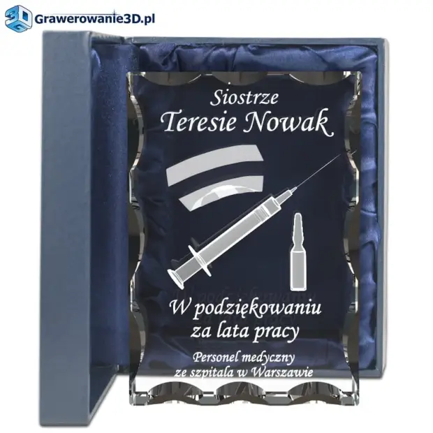 Podziękowanie dla pielęgniarki grawer w szkle, 3d grawer w krysztale, strzykawka dla pielęgniarki 3d grawer na szkle