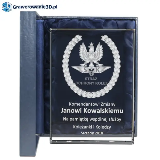 Podziękowanie dla strażnika ochrony kolei, szklana statuetka z grawerem wewnątrz