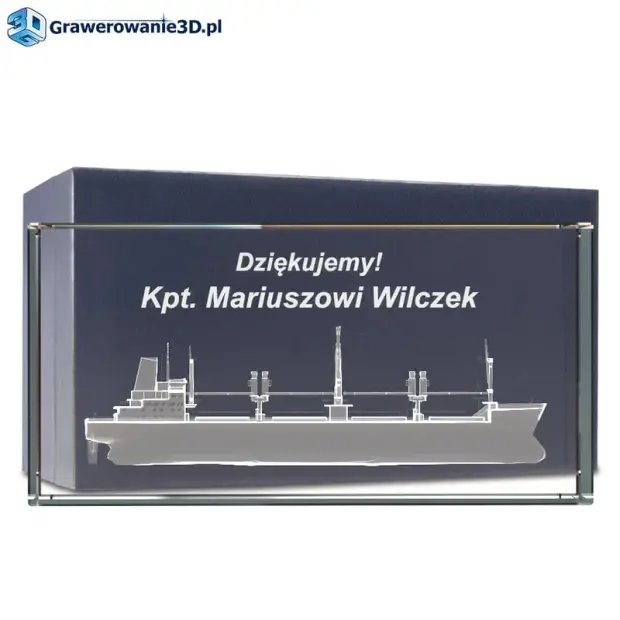 prezent dla kapitana statku grawer w szkle, statek 3d w krysztale, grawerowane życzenia