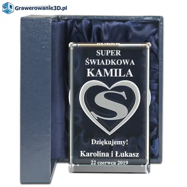 Super świadkowa prezent grawer w szkle, serce 3D w krysztale, super świadkowa