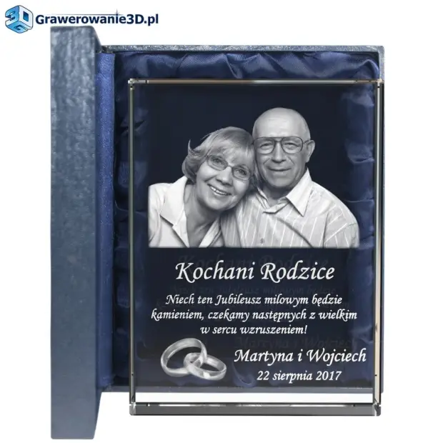 Życzenia na rocznicę ślubu prezent grawerowany, kryształ z grawerem ze zdjęciem 3d.