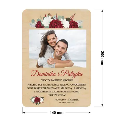 kartka z drewnianej sklejki z personalizacją i zdjęciem na ślub