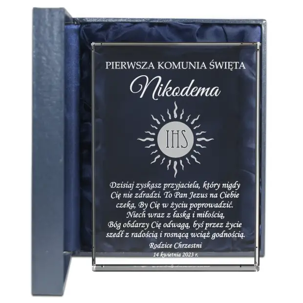 Grawerowany prezent na komunię Świętą hostia z życzenimia