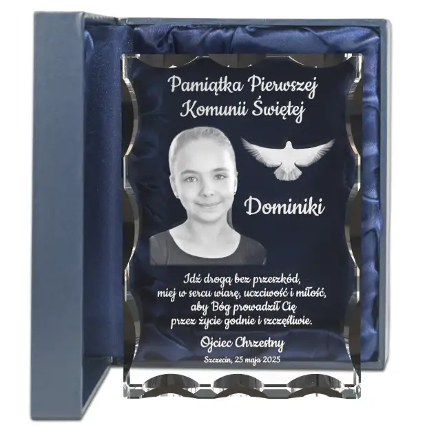 Pamiątka Komunii Świętej fotokryształ z gołąbkiem 3D