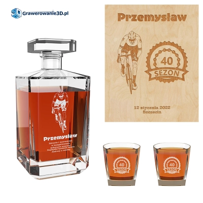 Zestaw karafka i szklanki grawerowany dla kolarza