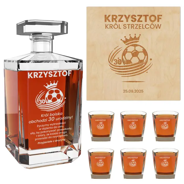 Karafka szklanki z grawerem na urodziny dla piłkarza króla strzelców