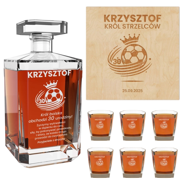 Karafka szklanki z grawerem na urodziny dla piłkarza króla strzelców
