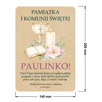 drewniana kartka komunijna z życzeniami
