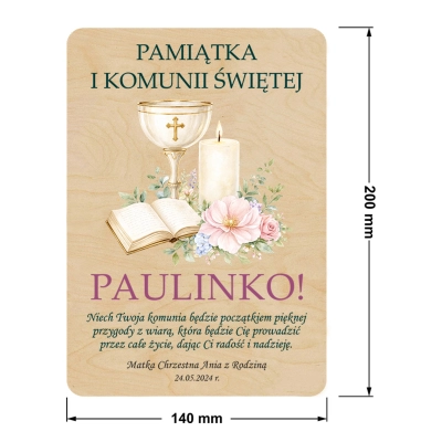 drewniana kartka komunijna z życzeniami