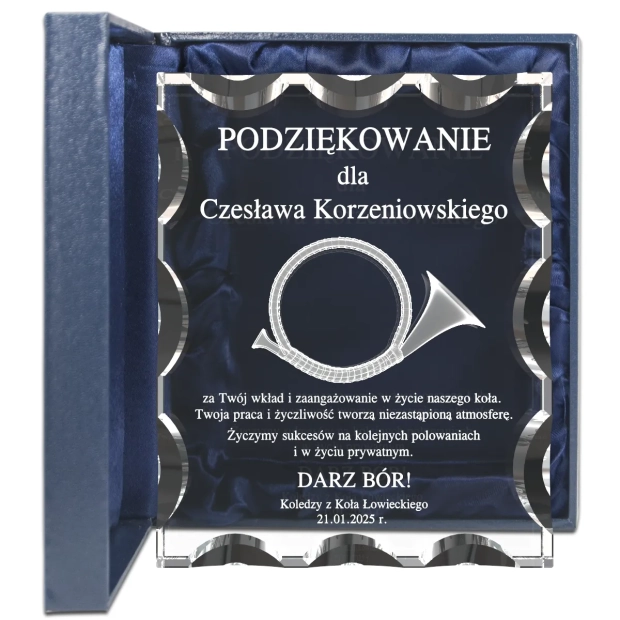 Statuetka kryształowe grawerowane podziękowanie dla myśliwego
