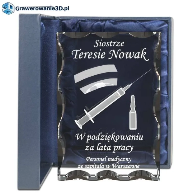 Podziękowanie dla pielęgniarki grawer w szkle, 3d grawer w krysztale, strzykawka dla pielęgniarki 3d grawer na szkle
