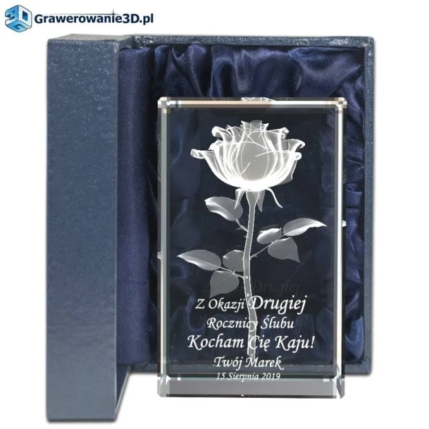 Prezent na rocznicę dla żony - piękna róża 3D grawerowana wewnątrz szkła