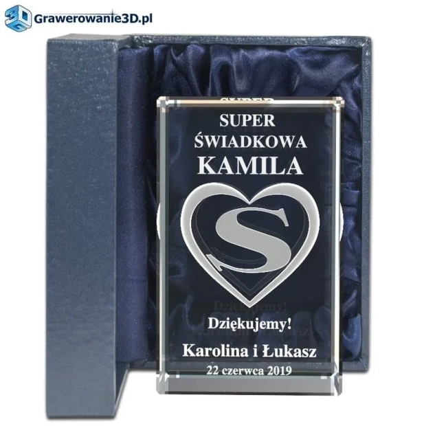 Super świadkowa prezent grawer w szkle, serce 3D w krysztale, super świadkowa