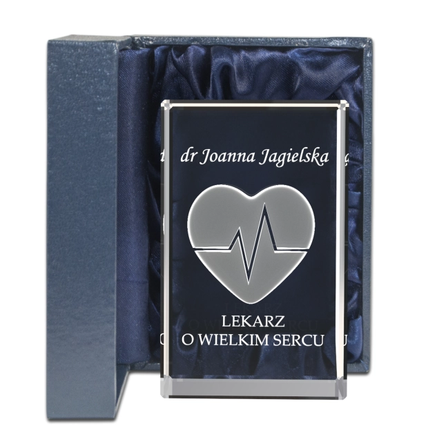 Szklana statuetka 3D z grawerem serce EKG - Podziękowanie dla lekarza