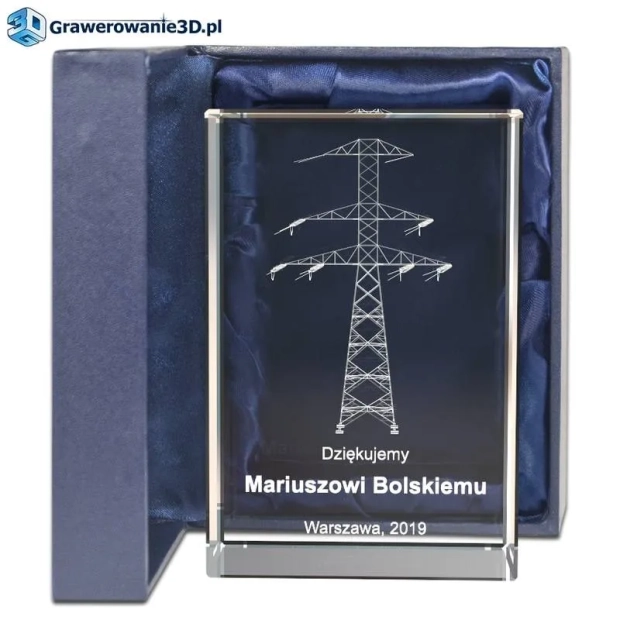Podziękowania dla pracownika grawerowane w krysztale. Wewnątrz 3D słup elektryczny dla elektryka, inzyniera