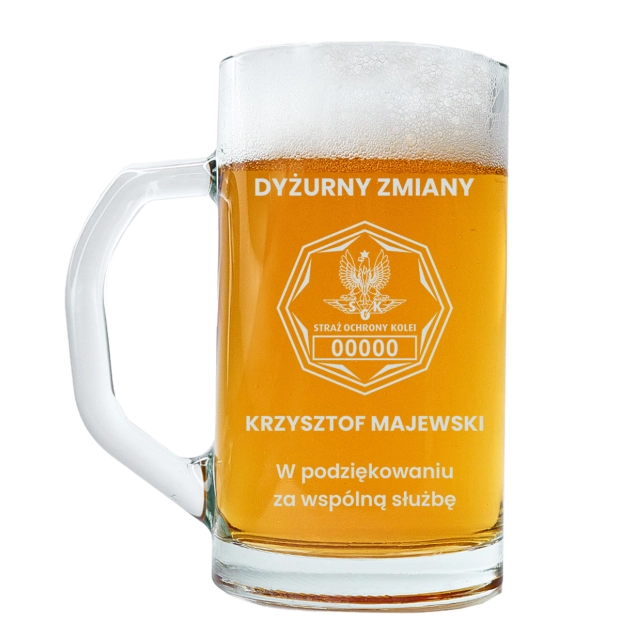 Kufel z grawerem odznaka straż ochrony kolei z numerem ID
