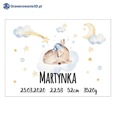 pudełko z nadrukiem śpiącej sarenki imię dziewczynki i metryka urodzenia