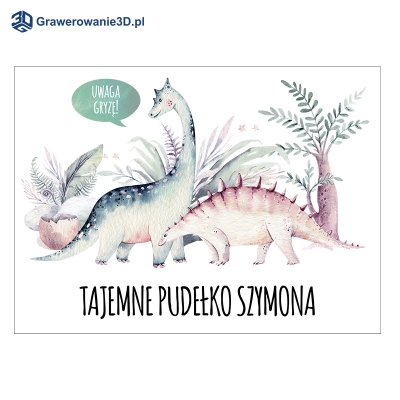 pudełko z nadrukiem dinozaurów i imieniem chłopca