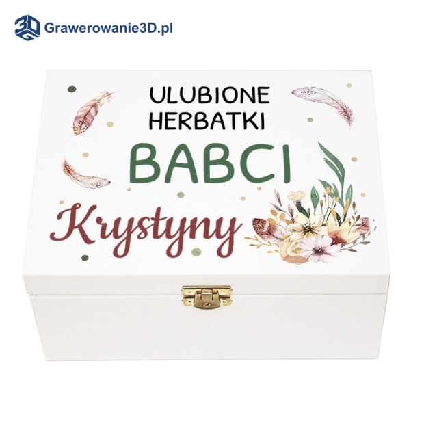 drewniana skrzynka z kolorowym nadrukiem na dzień babci