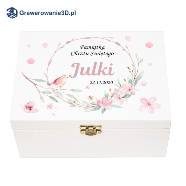 na pamiątkę chrztu świętego dla dziecka drewniane pudełko z nadrukiem