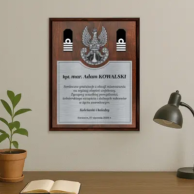 drewniany ryngraf z grawerowanymi pagonami marynarki wojennej gratulacje z okazji awansu