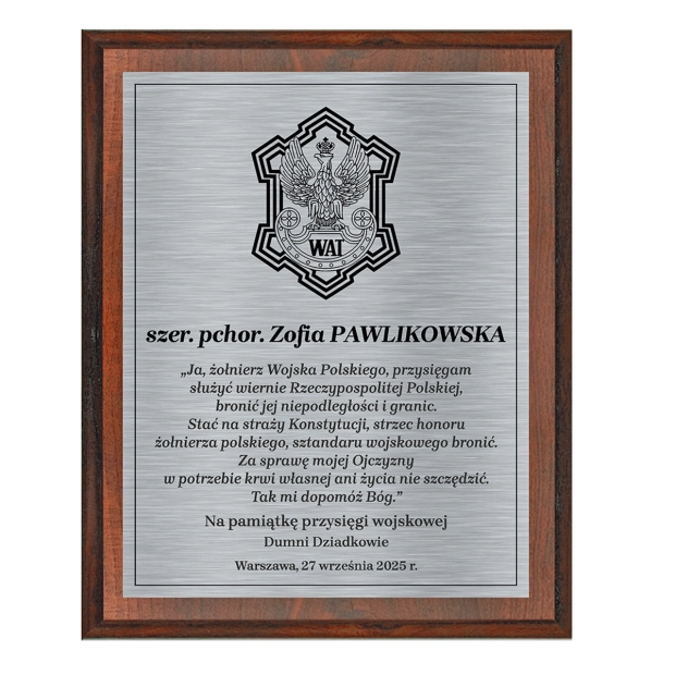 Dyplom z grawerem WAT na przysięgę wojskową dla żołnierza
